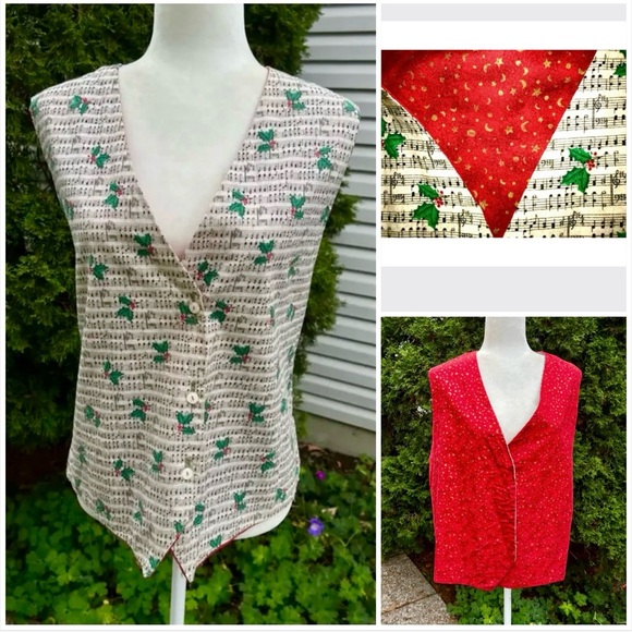 🎁🇨🇦Handcrafted reversible Xmas-music theme vest vintage,new suitable for gift - Picture 1 of 16